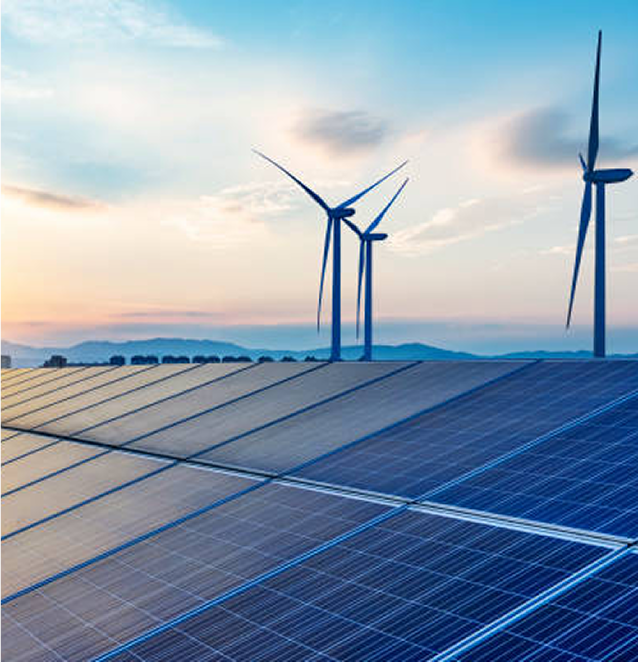 Solar panels and wind turbines at sunset
